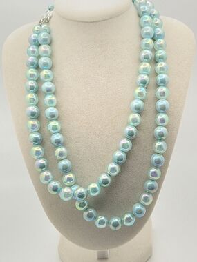 Vintage Japan Double Strand AB Iridescent Blue Glass Pearl Necklace 16"